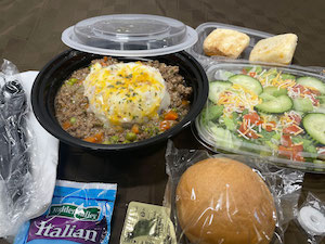 Shepherds Pie with Red Skin Mash Potatoes, Mixed Green Salad with Ranch Dressing, Freshly Baked Roll and Iced Lemon Cake