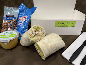 Turkey, Bacon & Guacamole Wrap with Trail Mix, Chex Mix & Applesauce